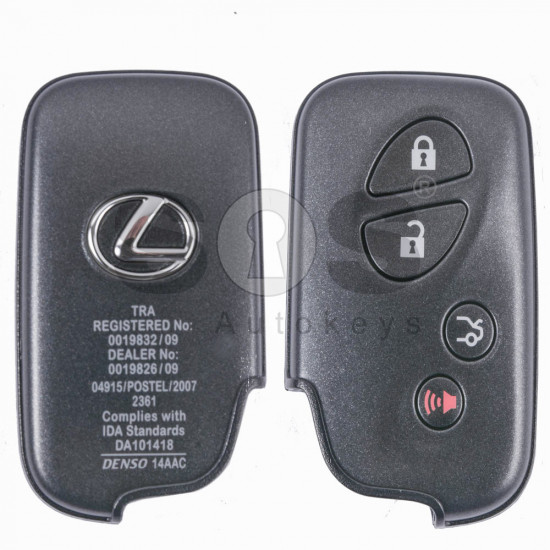 OEM Smart Key for Lexus Buttons:3+1 / Frequency: 433MHz / Transponder: Texas Crypto ID 6D - 67/68/70 / First Page: 98 / Immobiliser system: Smart Module / Part No: 89904-60852 / Keyless Go