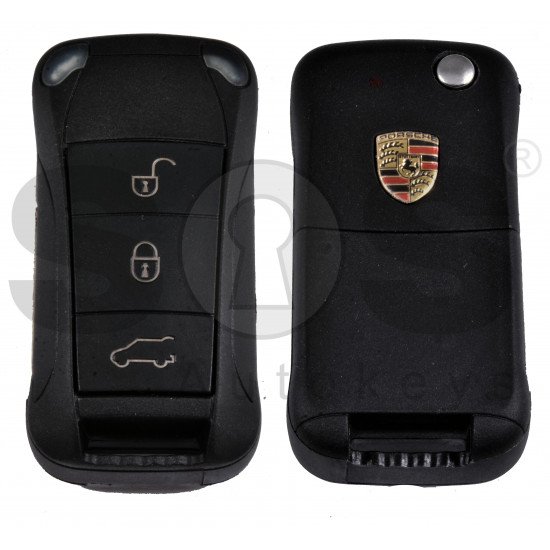 Flip Key for Porsche Cayenne Buttons:3 / Frequency:315MHz / Transponder:PCF7943A/ HITAG2/ ID46 / Blade signature:HU66 / Immobiliser System:KESSY / COMPATIBLE PART NO: 7L5-959-753-B-K / Keyless GO