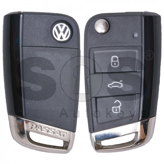 OEM Flip Key for VW Passat Buttons:3 / Frequency: 434MHz / Transponder: Megamos 88/ AES / Blade signature: HU162T / Part No: 56D959752 / Keyless GO