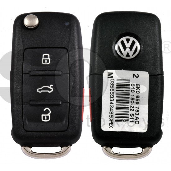 OEM Flip Key for VW UDS Buttons:3+1P / Frequency:315MHz / Transponder:ID48/ ID48CAN / Blade signature:HU66 / Immobiliser System: Dashboard / Part No: 5K0 837 202 AE 