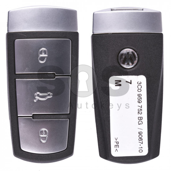 OEM Smart Key for VW Magotan/Passat Buttons:3 / Frequency:434MHz / Transponder: PCF7936/ ID46 / Blade signature:HU66 / Immobiliser System: Dashboard / Part No: 3C0959752BG/ 3C0959752BA / Keyless GO
