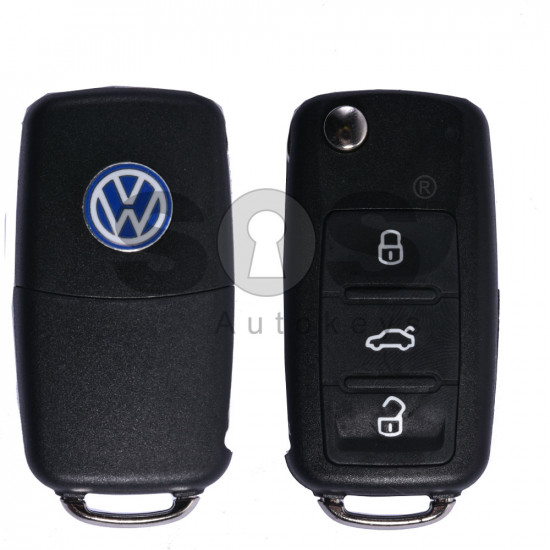 Key Shell (Flip) for VW UDS-GOLF6 / POLO / CADDY Buttons:3 / Blade signature: HU66 / (With Logo)