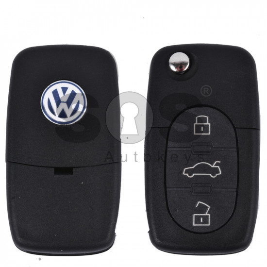 Key Shell (Complete - Flip) for VW Buttons:3+1 Panic / Blade signature: HU66 / (Round) / (With Logo)